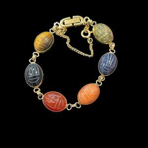 Vintage Genuine Scarab Stones Bracelet Egyptian Revival Gold Tone Hong Kong 7”